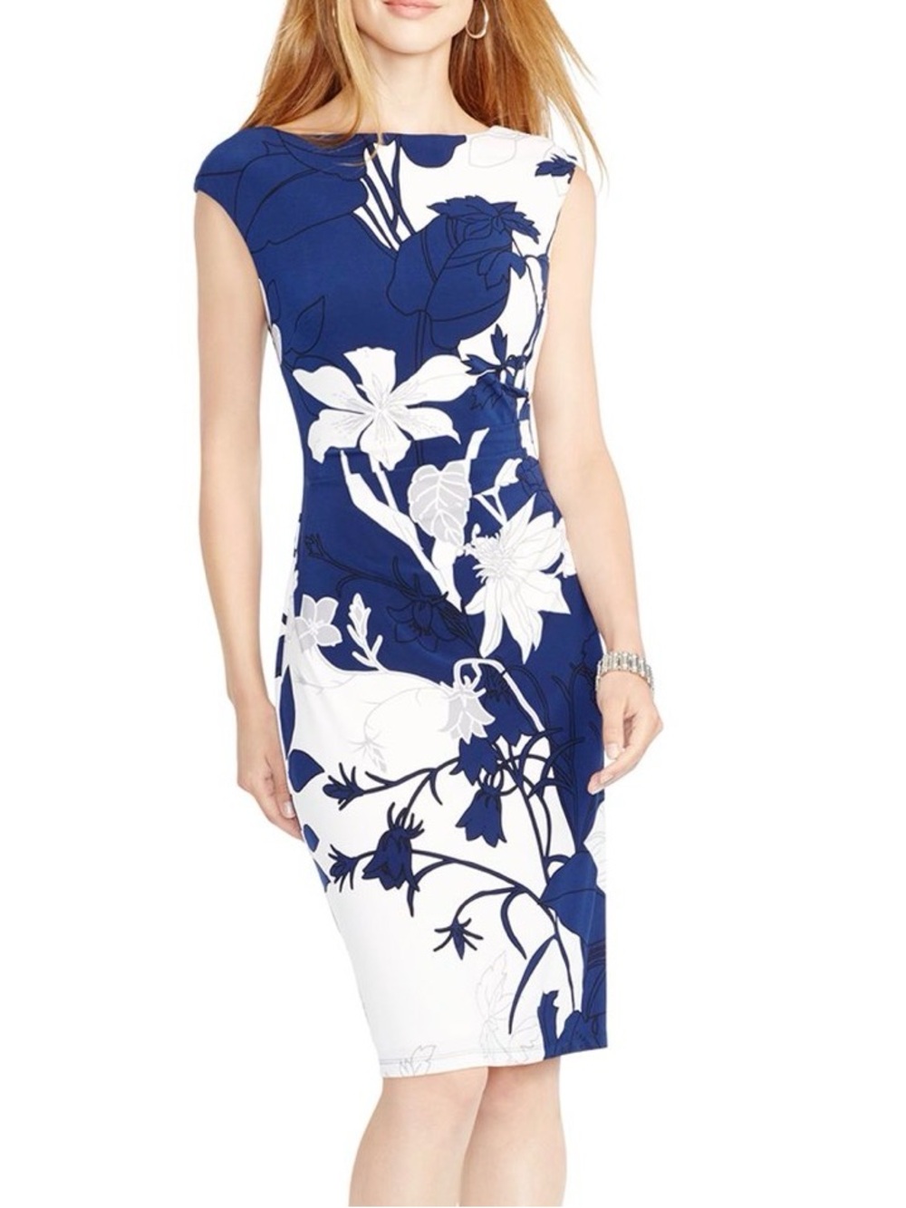 Ralph Lauren Navy and White Floral Midi Dress with Side Ruching